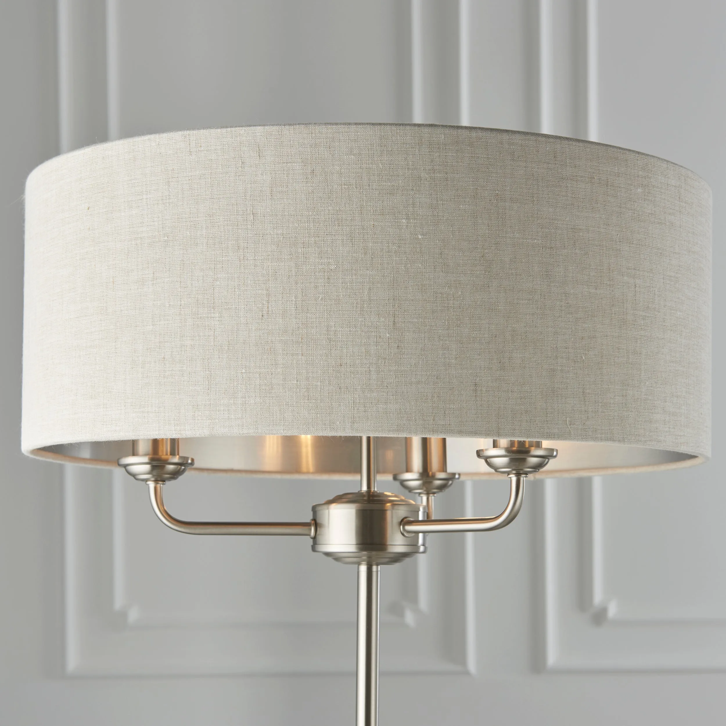 Endon 94359 Highclere 3lt Floor Brushed chrome plate & natural linen 3 x 40W E14 candle (Required)