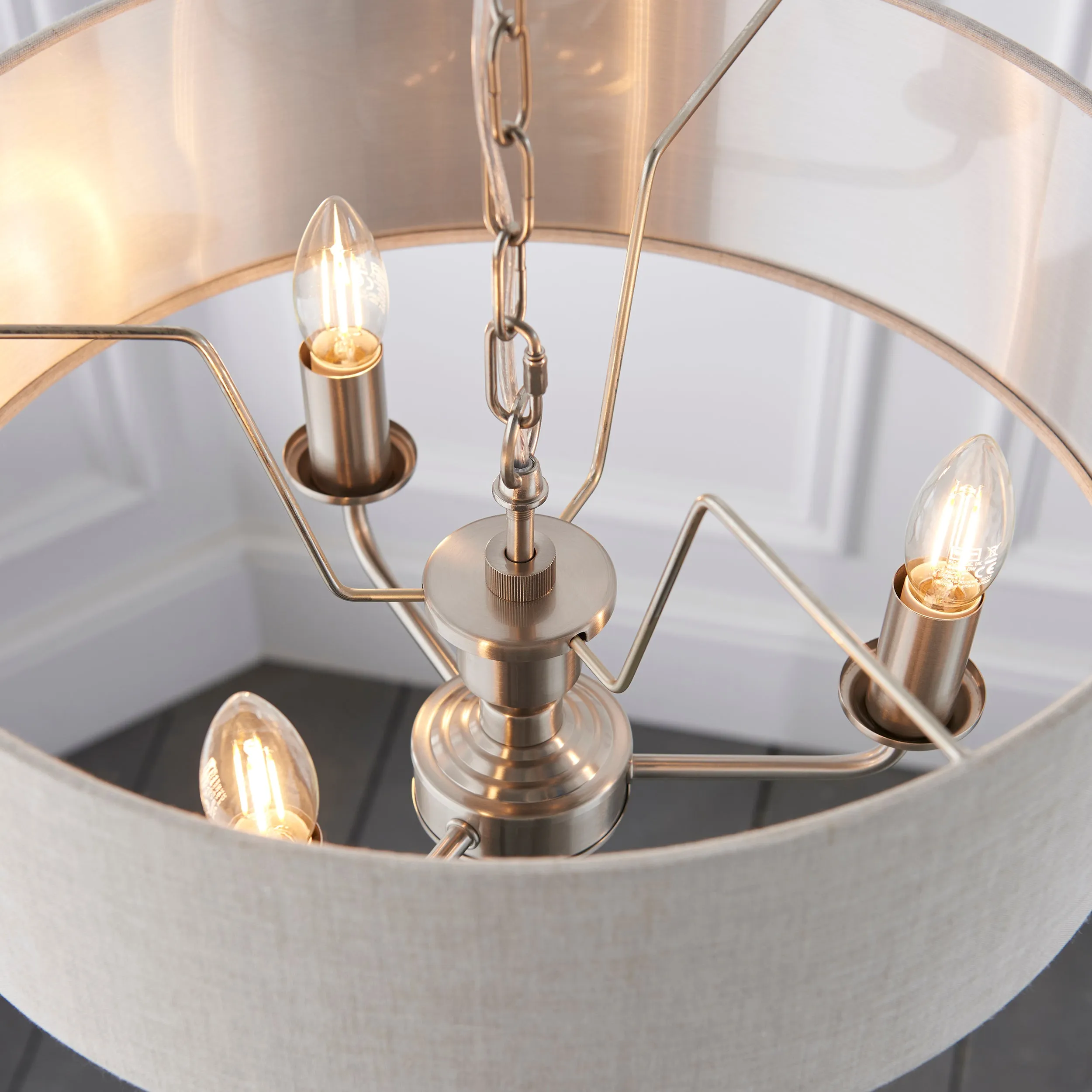 Endon 94361 Highclere 3lt Pendant Brushed chrome plate & natural linen 3 x 40W E14 candle (Required)