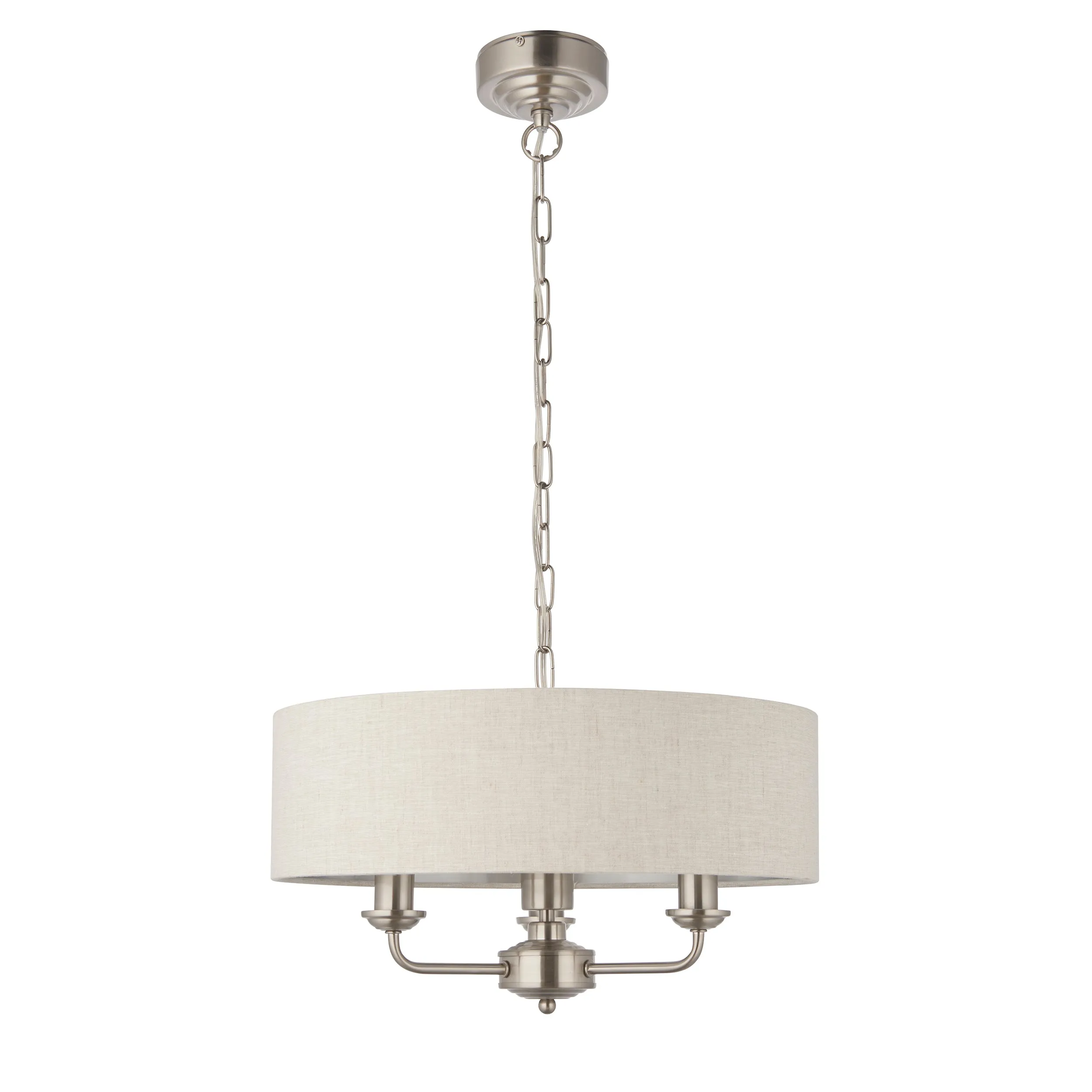 Endon 94361 Highclere 3lt Pendant Brushed chrome plate & natural linen 3 x 40W E14 candle (Required)