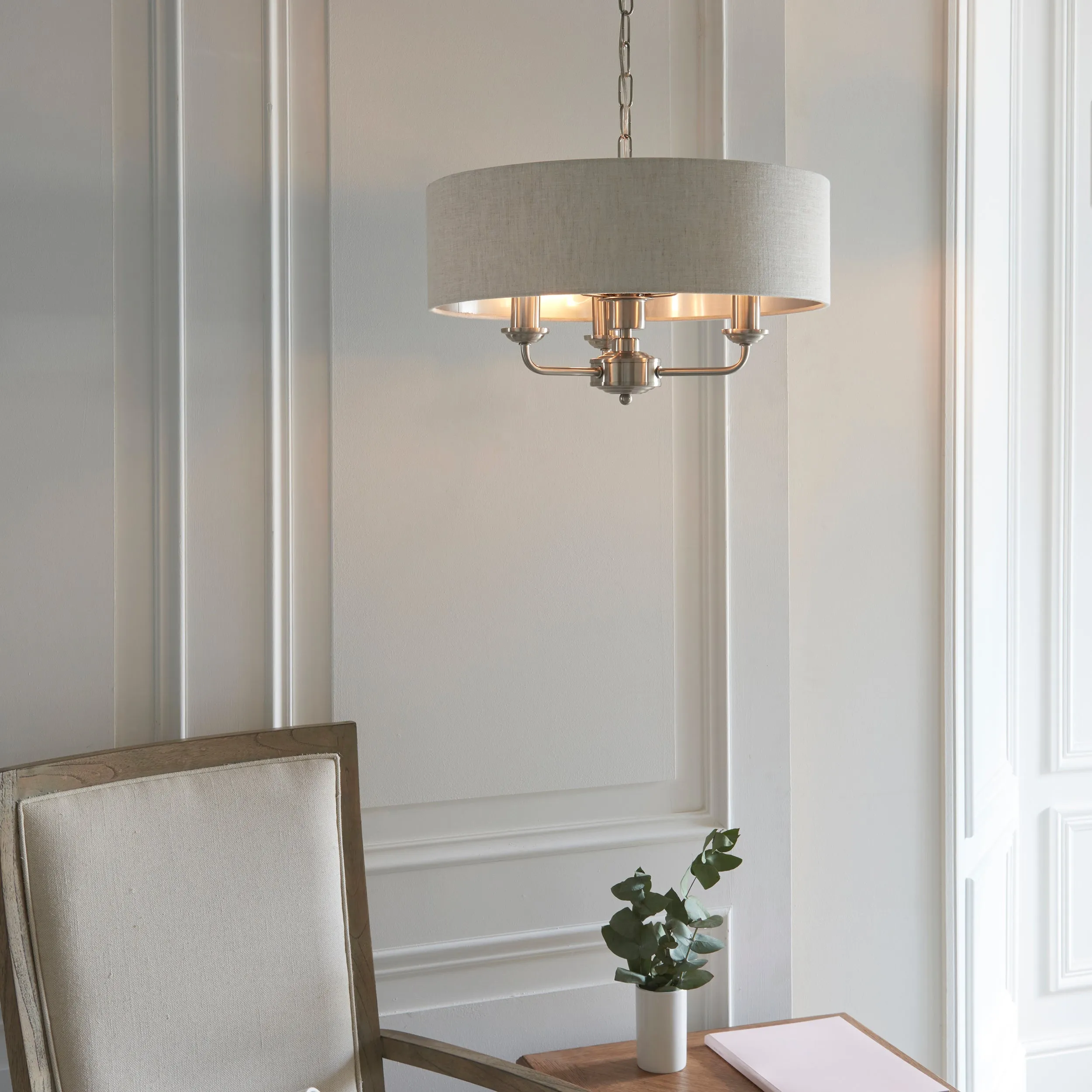 Endon 94361 Highclere 3lt Pendant Brushed chrome plate & natural linen 3 x 40W E14 candle (Required)