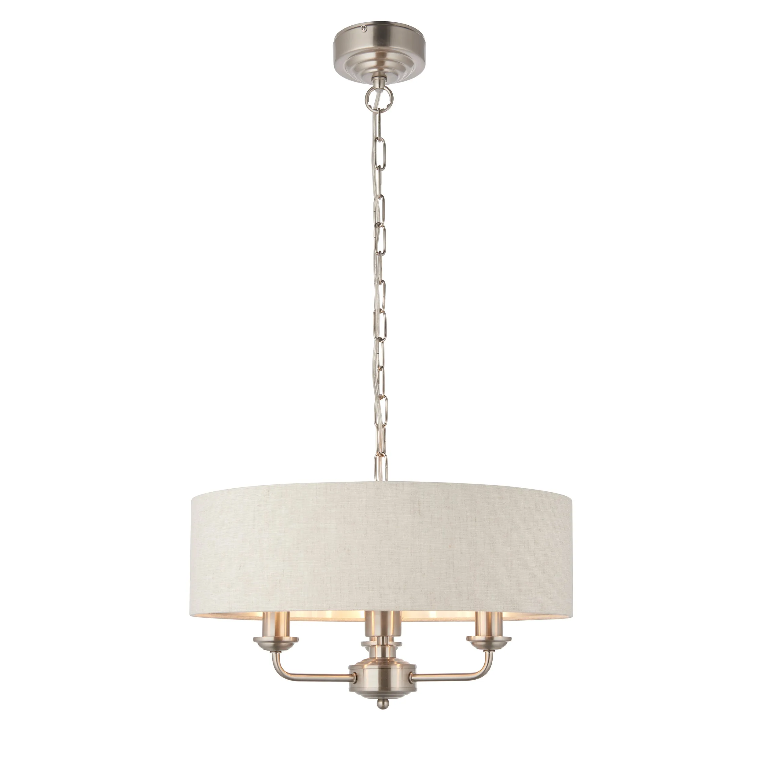 Endon 94361 Highclere 3lt Pendant Brushed chrome plate & natural linen 3 x 40W E14 candle (Required)