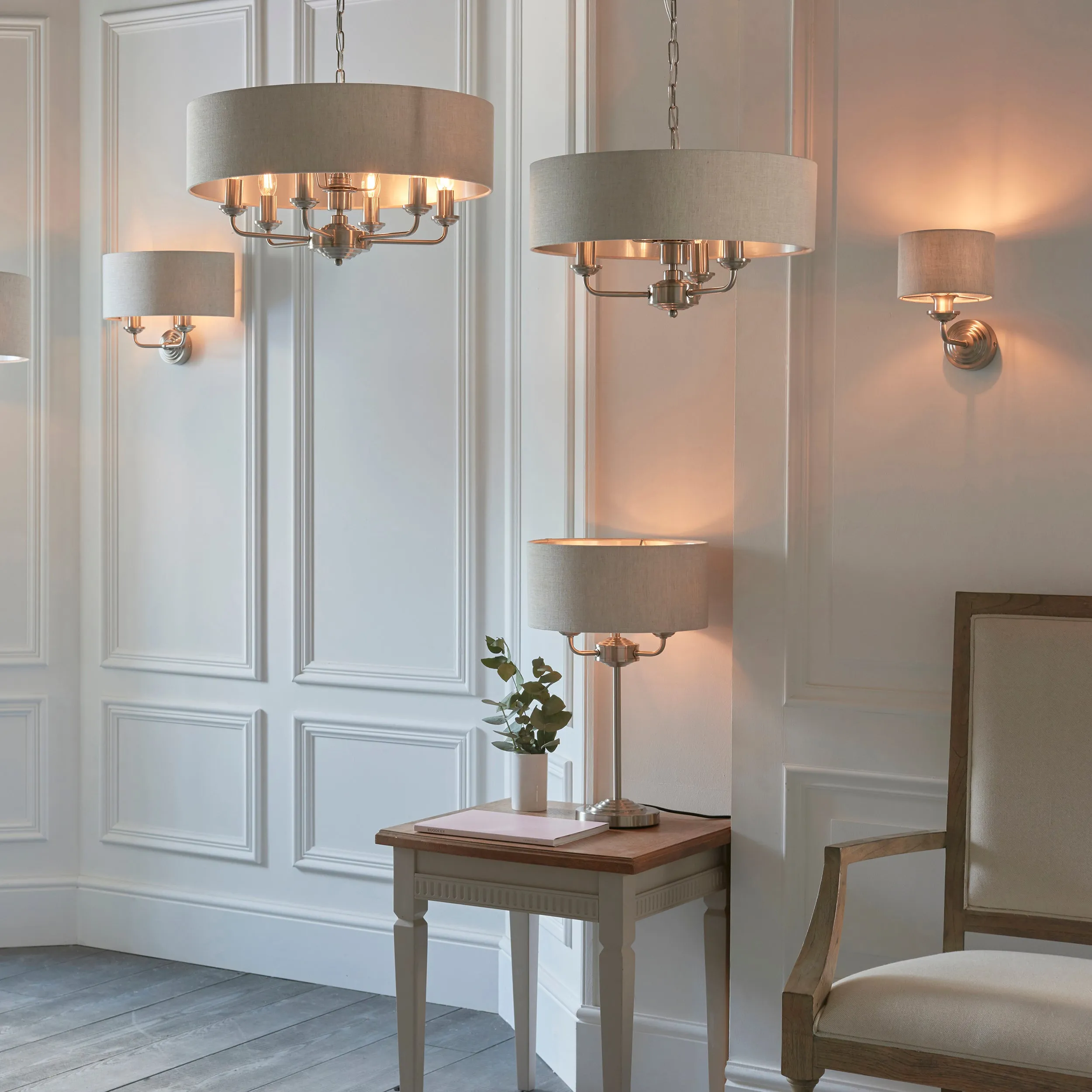 Endon 94361 Highclere 3lt Pendant Brushed chrome plate & natural linen 3 x 40W E14 candle (Required)