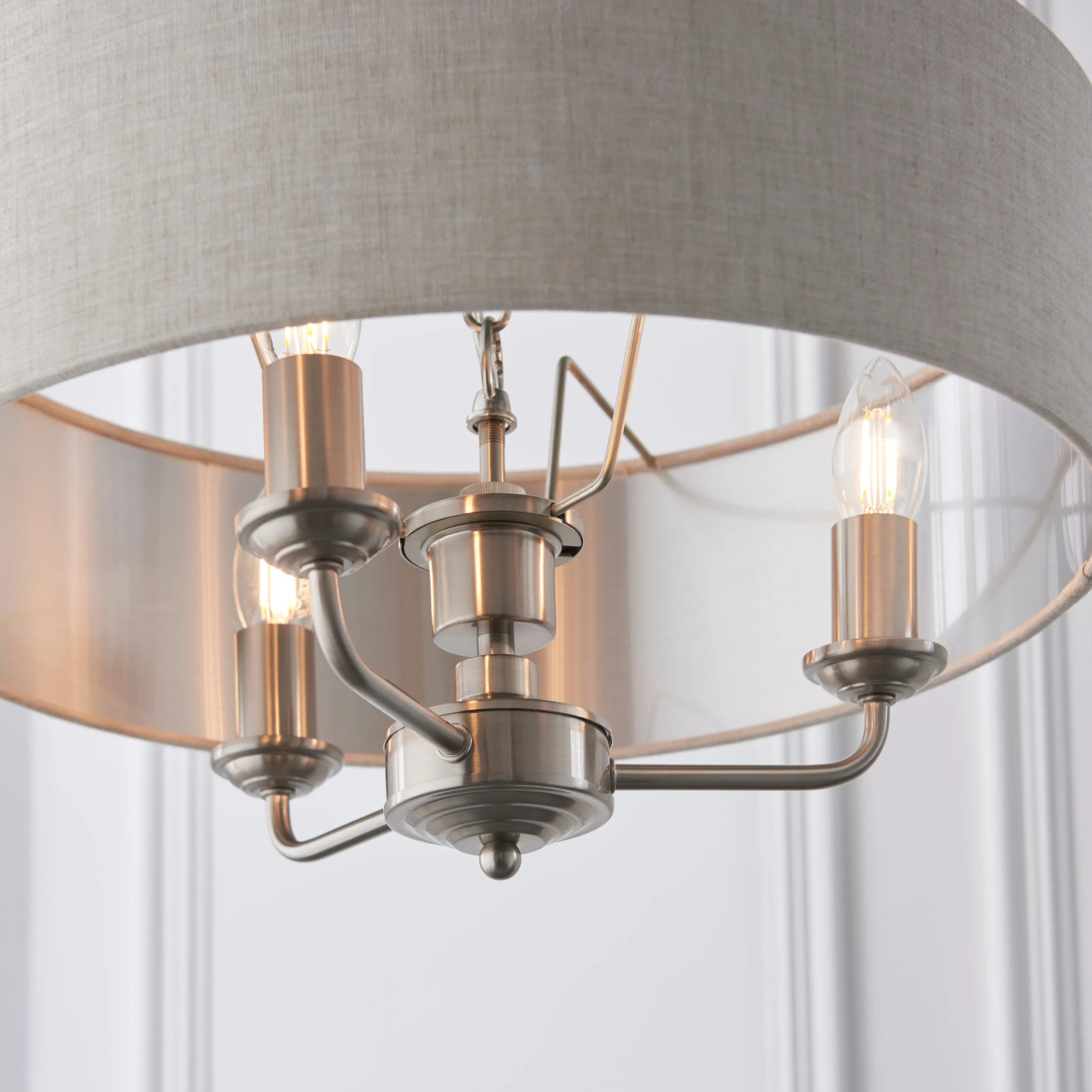 Endon 94361 Highclere 3lt Pendant Brushed chrome plate & natural linen 3 x 40W E14 candle (Required)