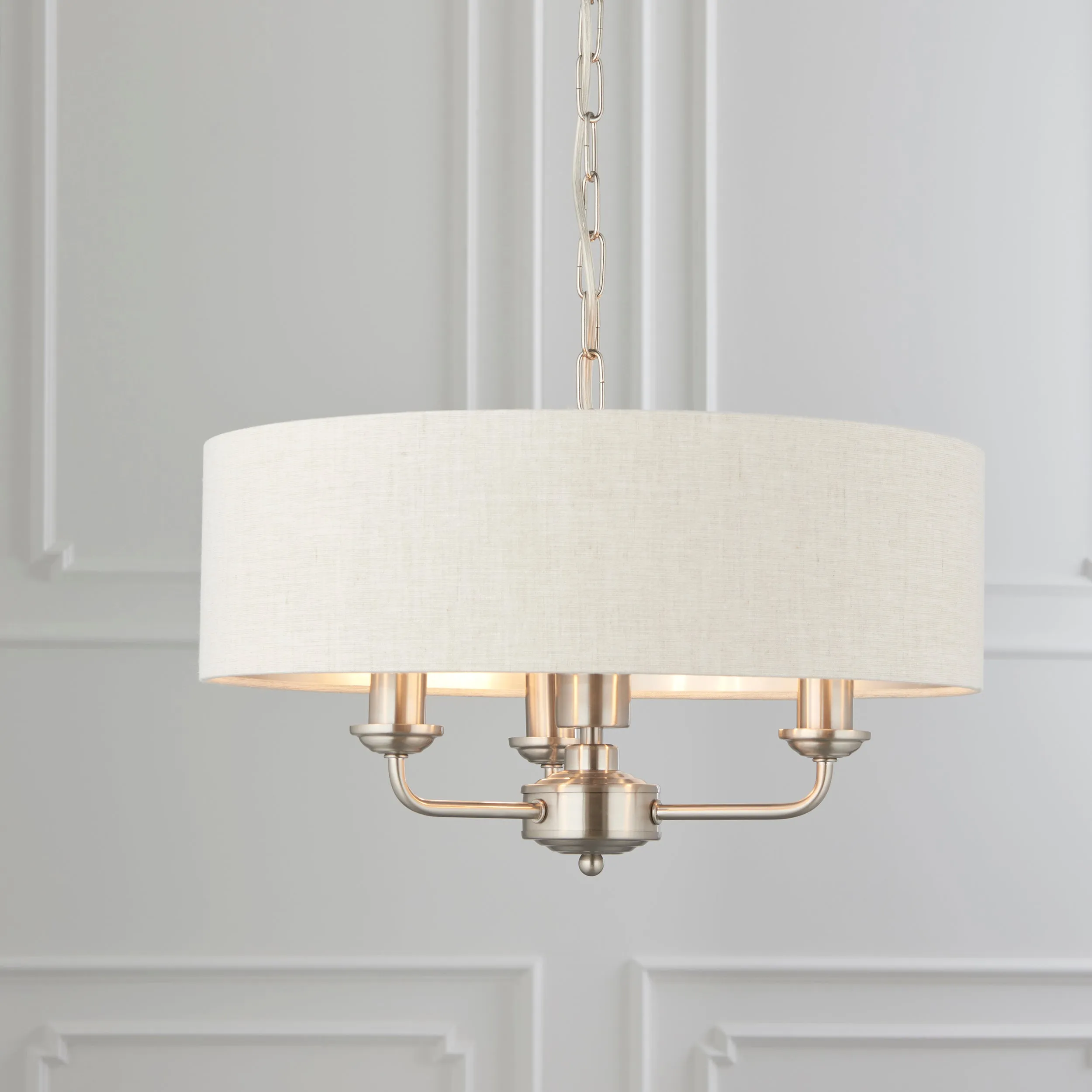 Endon 94361 Highclere 3lt Pendant Brushed chrome plate & natural linen 3 x 40W E14 candle (Required)