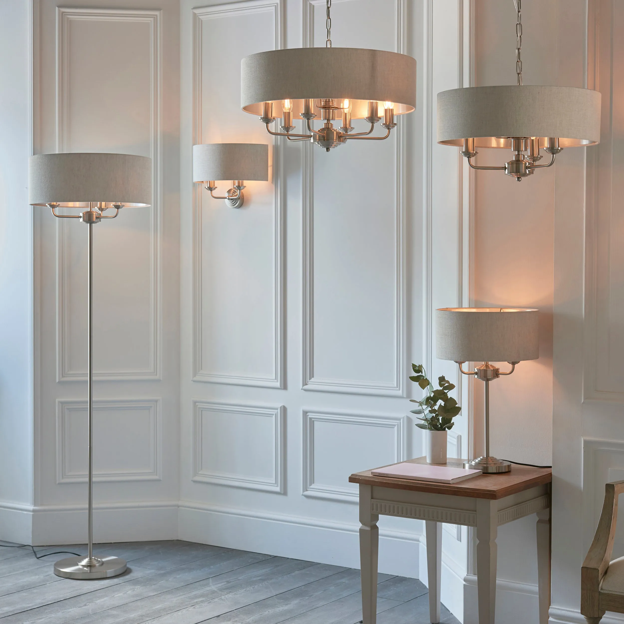 Endon 94403 Highclere 2lt Wall Brushed chrome plate & natural linen 2 x 40W E14 candle (Required)