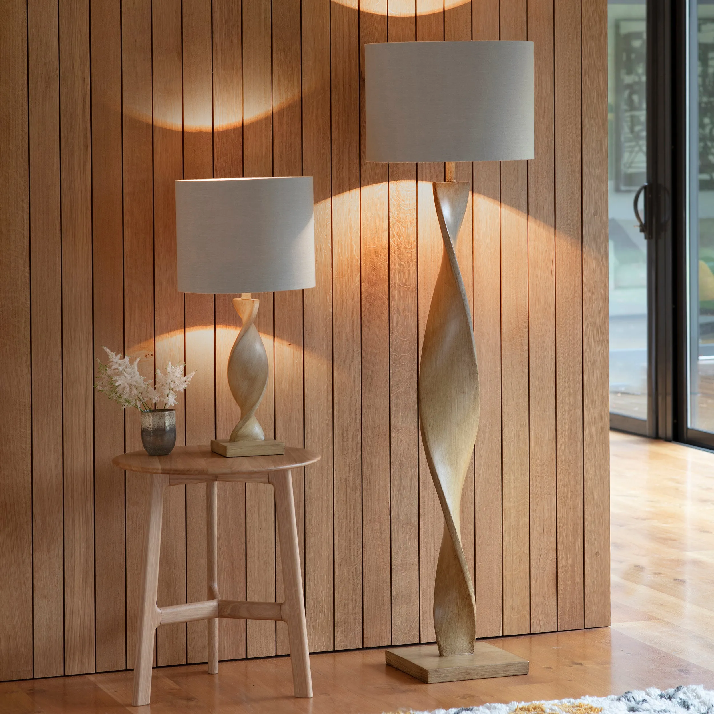 Endon 95454 Abia 1lt Floor Oak effect resin & natural linen 10W LED E27 (Required)