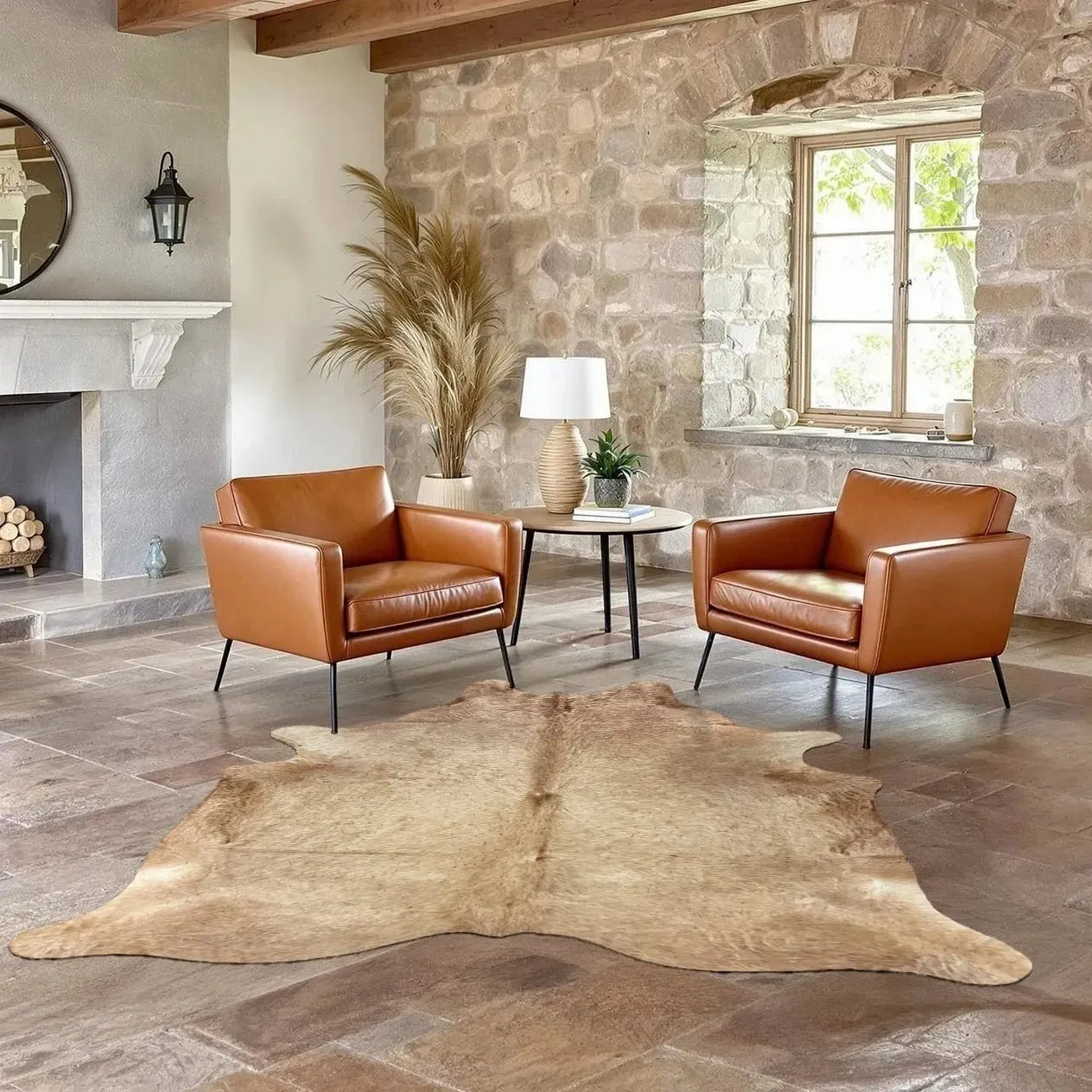 Extra Large Beige Cowhide Rug Size 7 x 7.6 ft---5062