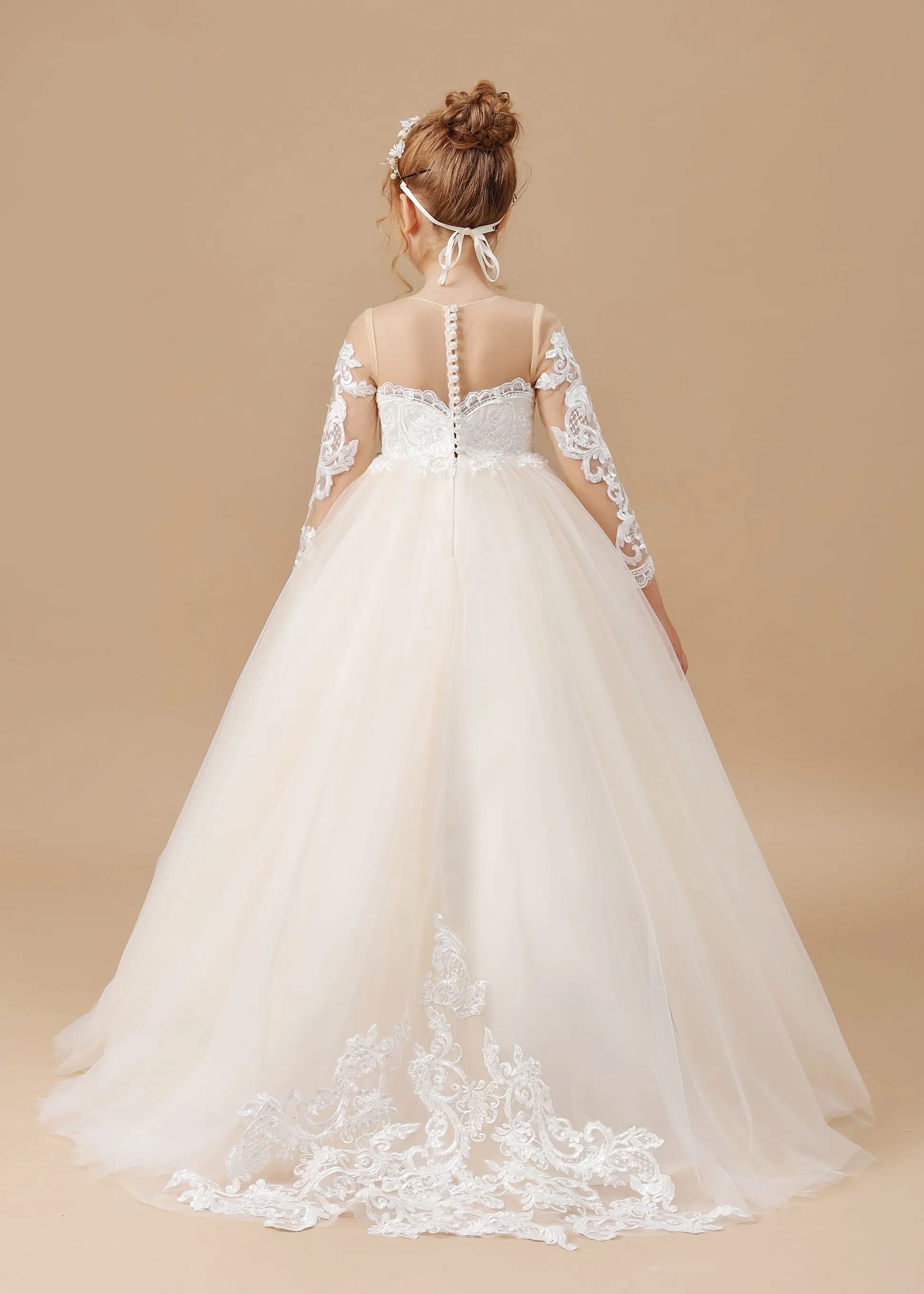 Floor-length Long Sleeves Lace Tulle Satin Flower Girl Dresses