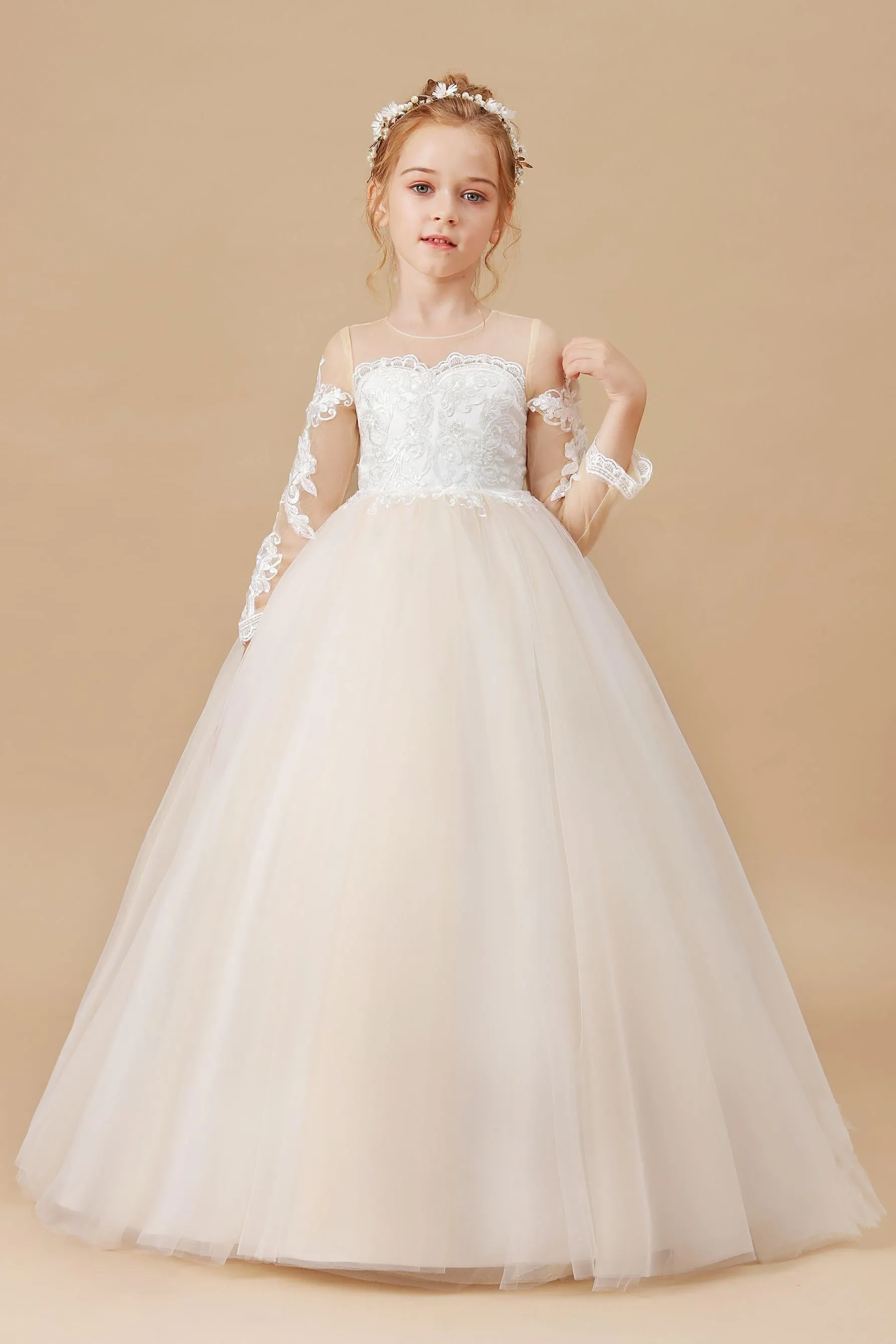 Floor-length Long Sleeves Lace Tulle Satin Flower Girl Dresses
