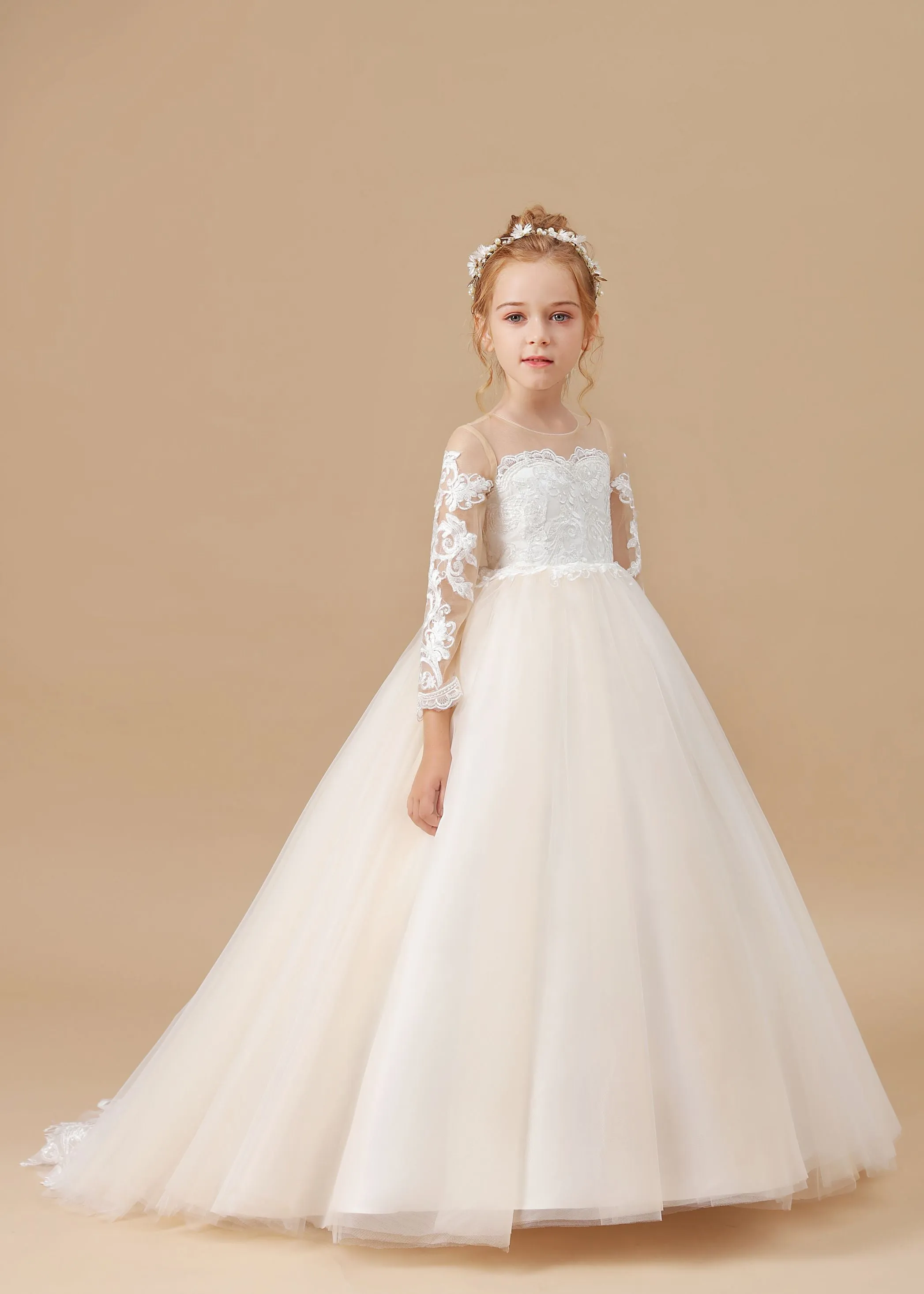 Floor-length Long Sleeves Lace Tulle Satin Flower Girl Dresses