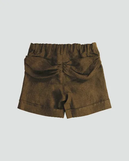 Girls Olive Green Slim Fit Organic Linen Shorts With Functional Back Parachute Drape Pockets