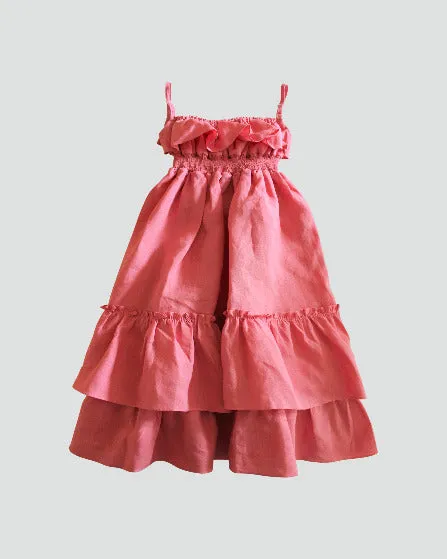 Girls Tulip Pink Long Linen Ruffle-Tiered Maxi Sun Dress