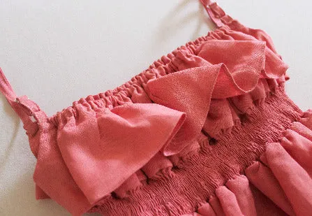 Girls Tulip Pink Long Linen Ruffle-Tiered Maxi Sun Dress