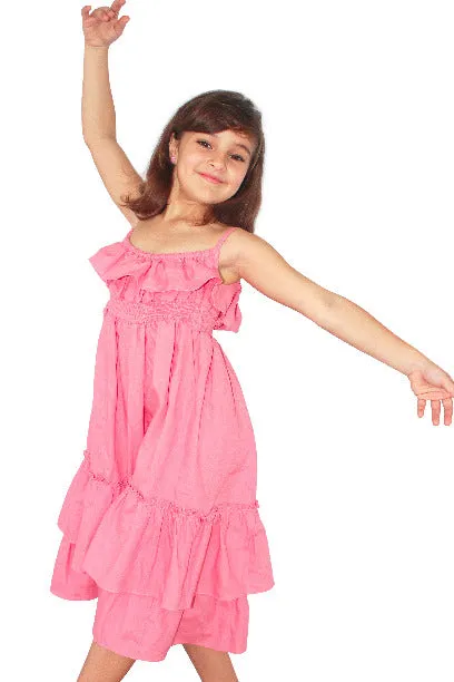 Girls Tulip Pink Long Linen Ruffle-Tiered Maxi Sun Dress