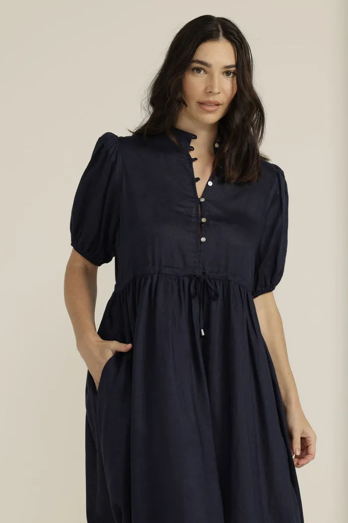 Goondiwindi Cotton Linen Puff Sleeve Drawcord Dress - 2 Colours