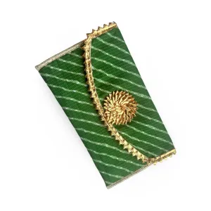 Green Linen Pouch with Gold Mandala Embroidery