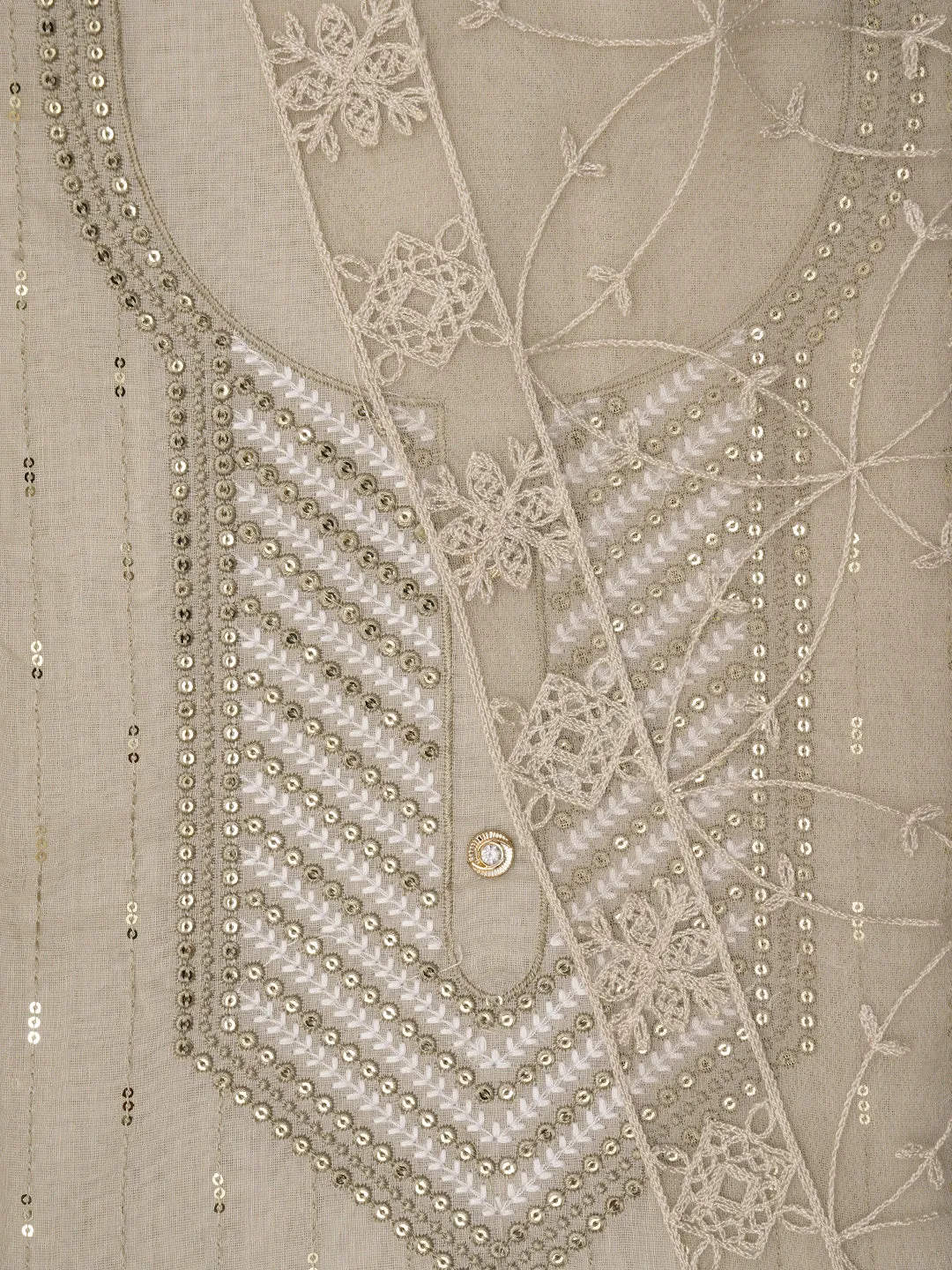 Grey Unstitched Embroidered Cotton Blend Dress Material With Dupatta