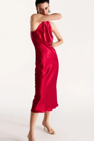 Halterneck silk dress in cherry-red