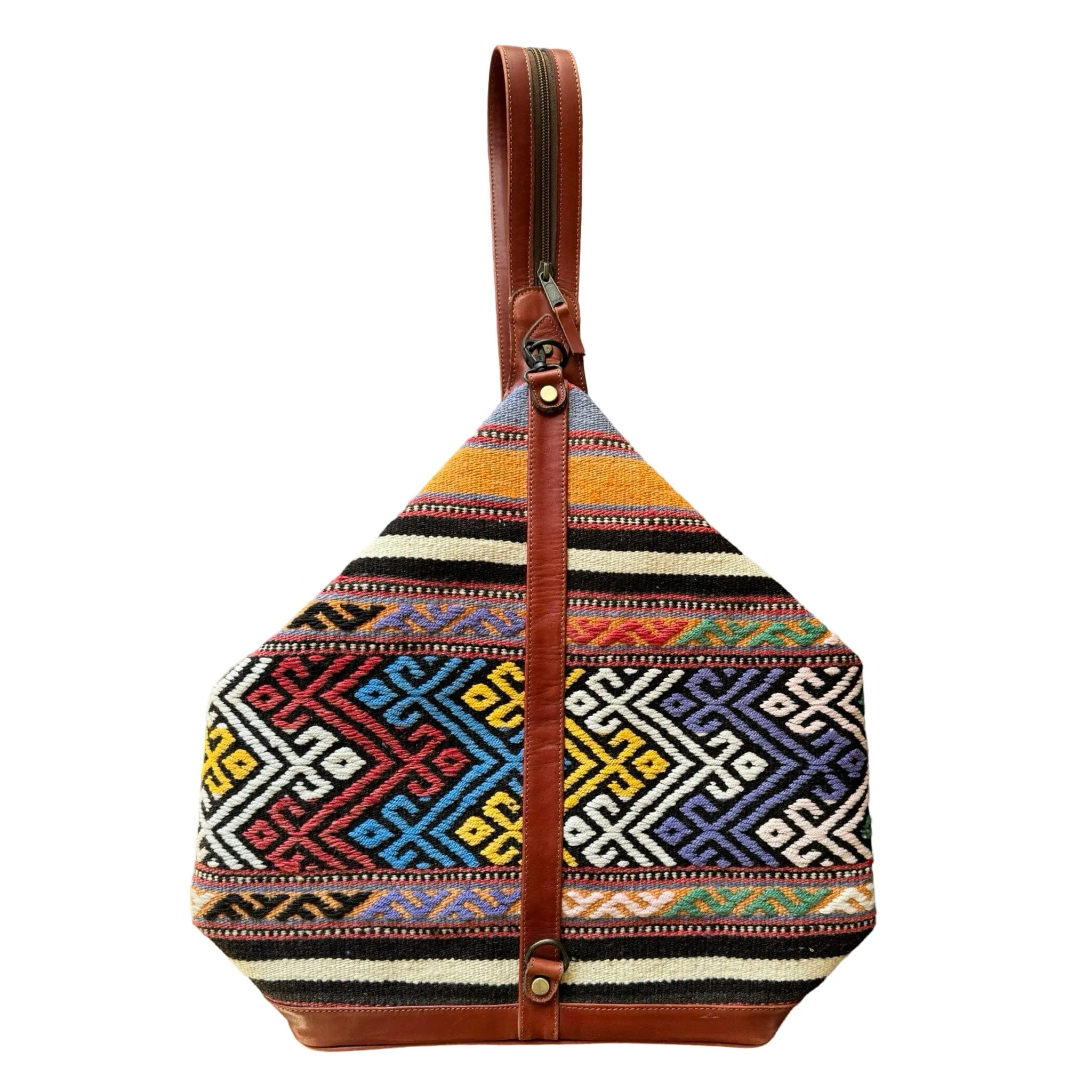 Handmade Kilim Backpack with Leather and Zipper Sling Strap