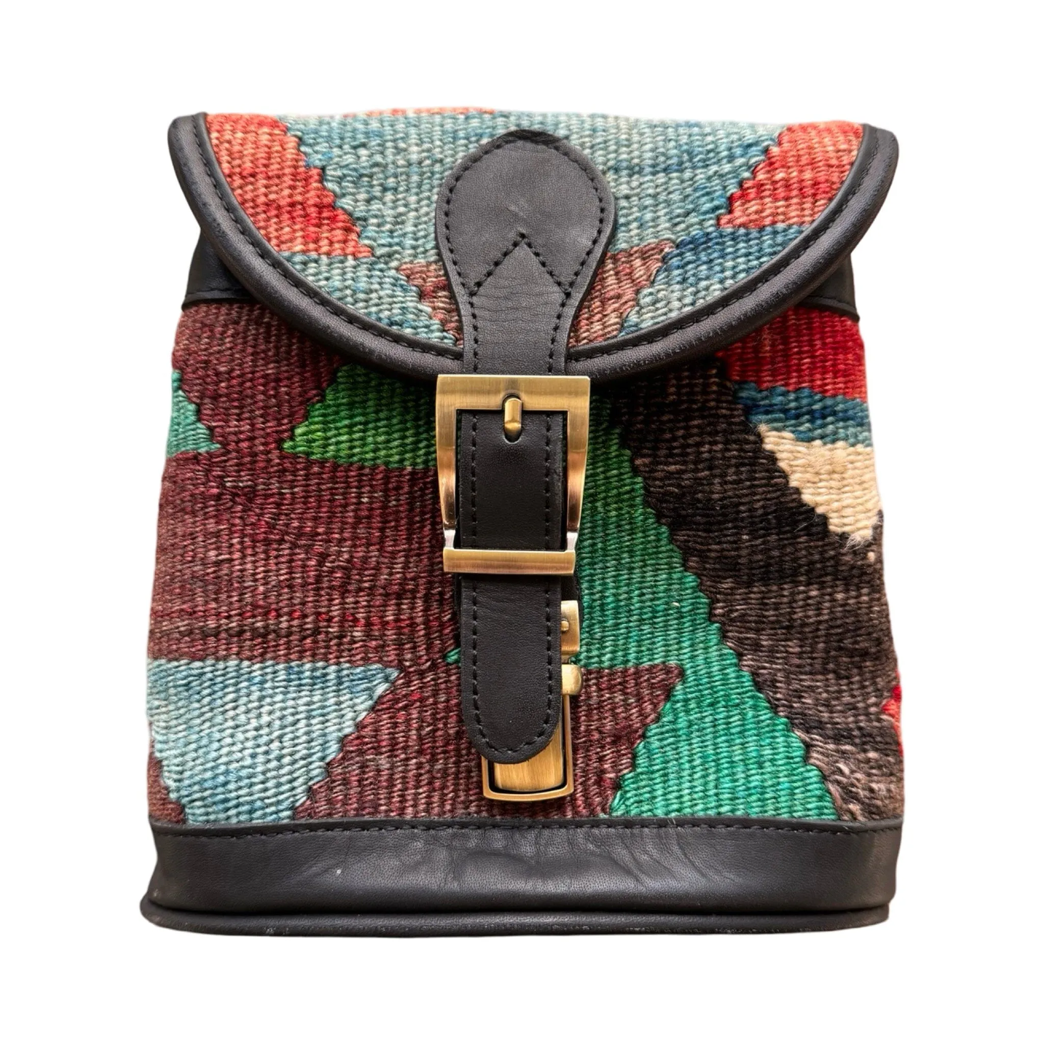 Handmade Kilim Bag with Thin Leather Cording Strap | 7 x 6 1/2 x 2"
