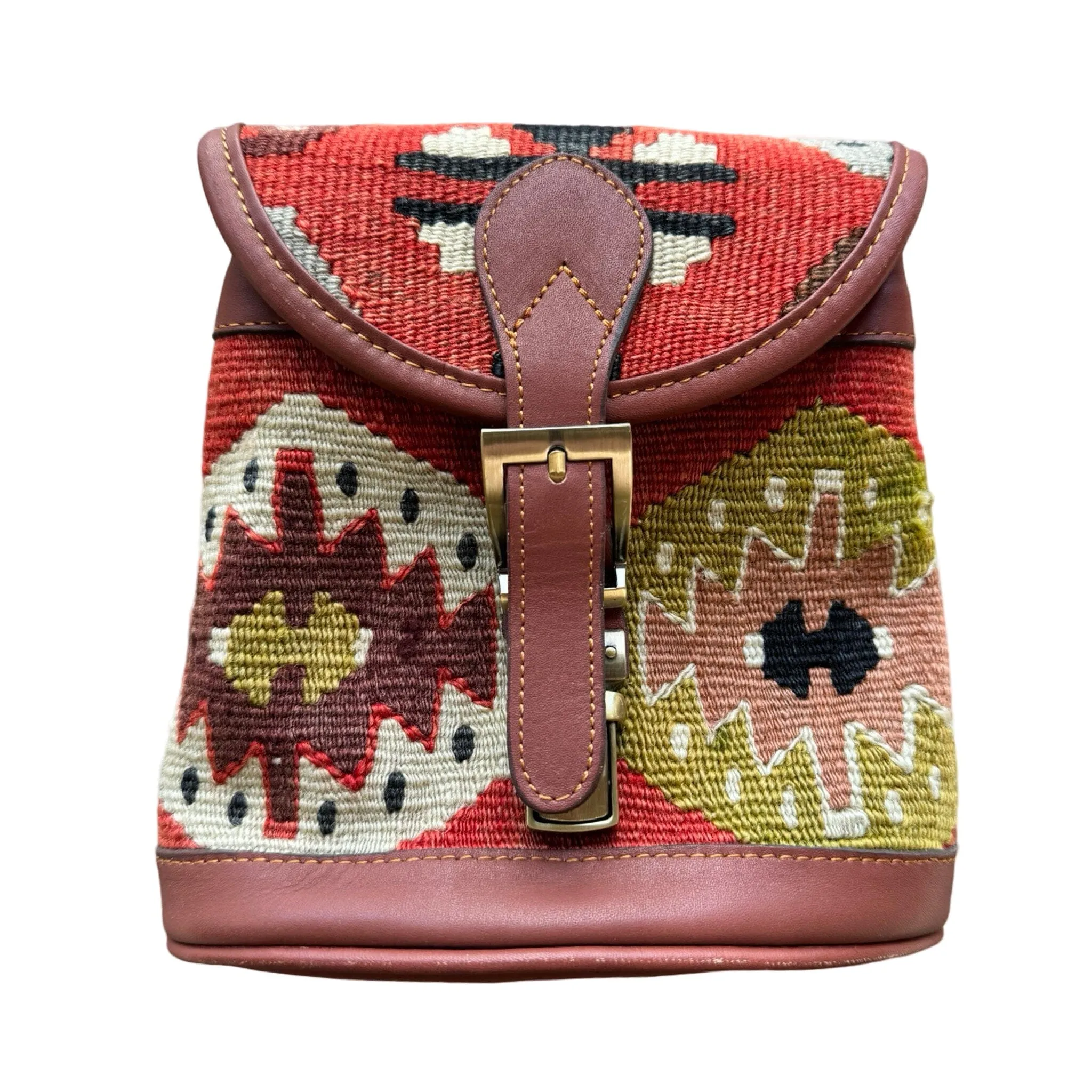 Handmade Kilim Bag with Thin Leather Cording Strap | 7 x 6 1/2 x 2"