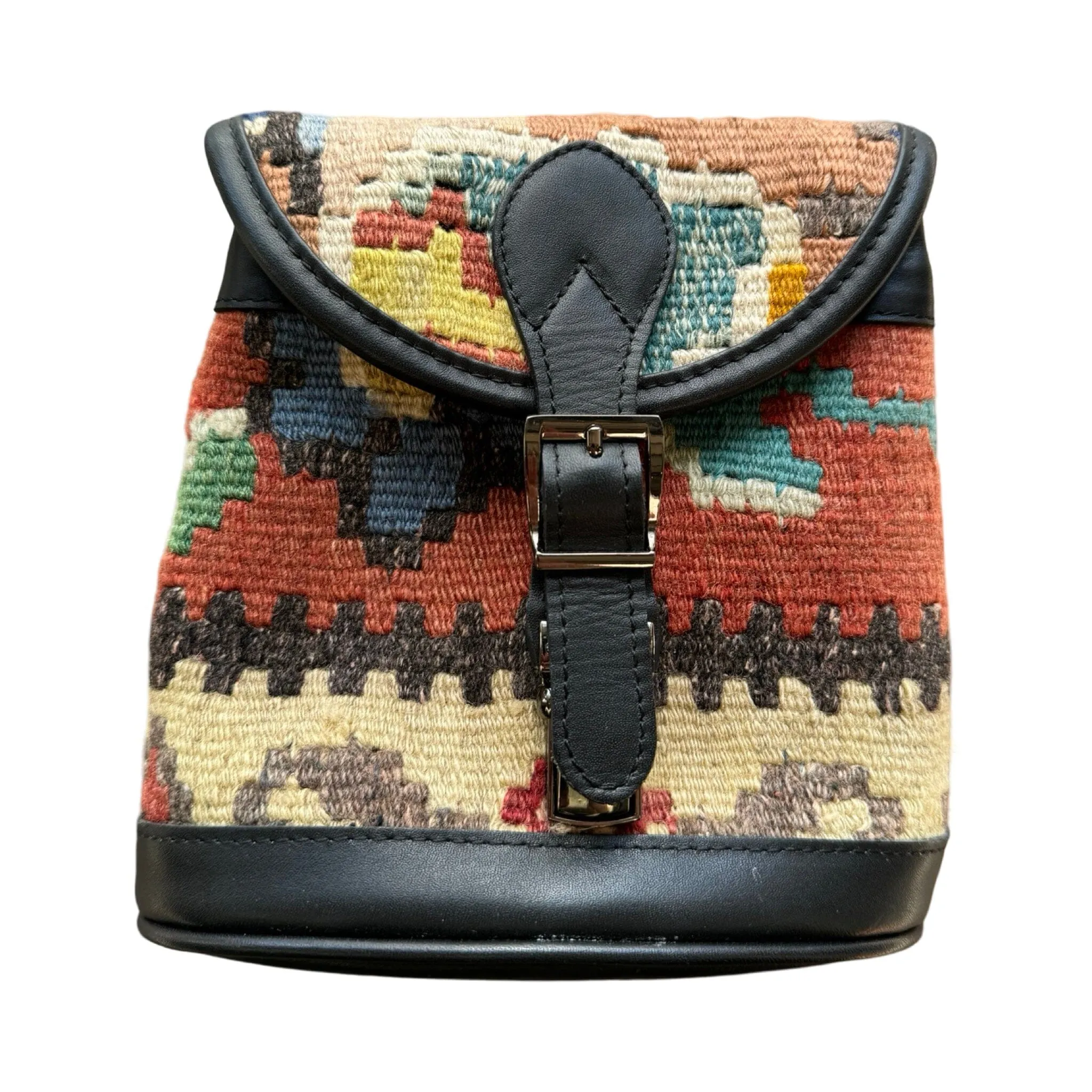Handmade Kilim Bag with Thin Leather Cording Strap | 7 x 6 1/2 x 2"