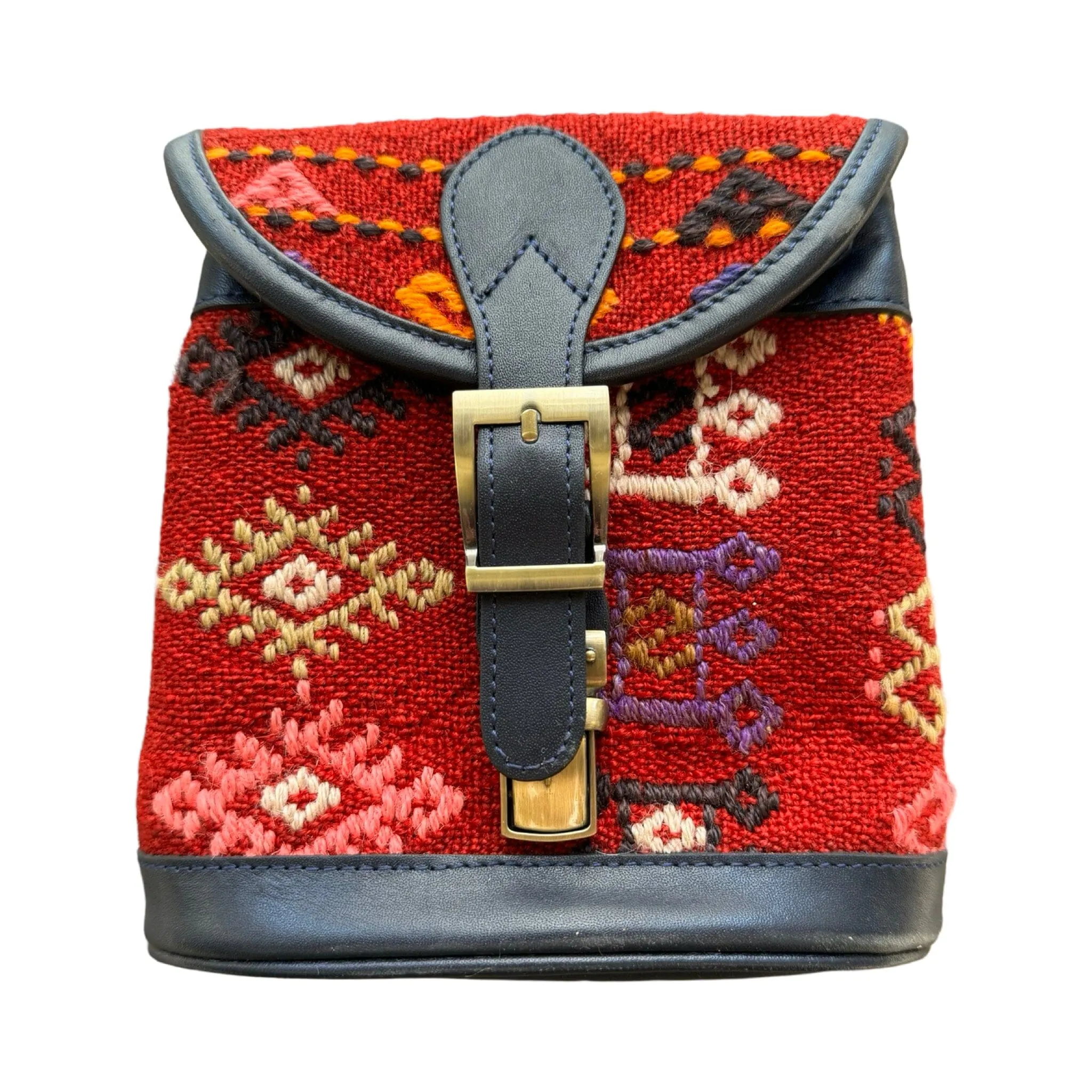 Handmade Kilim Bag with Thin Leather Cording Strap | 7 x 6 1/2 x 2"