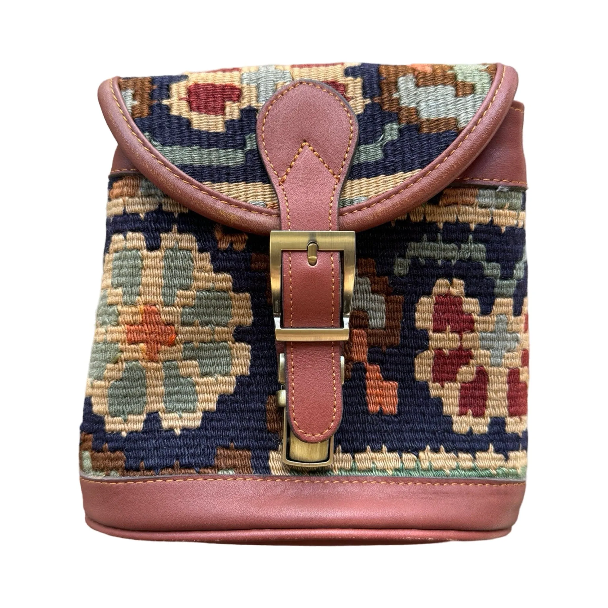 Handmade Kilim Bag with Thin Leather Cording Strap | 7 x 6 1/2 x 2"