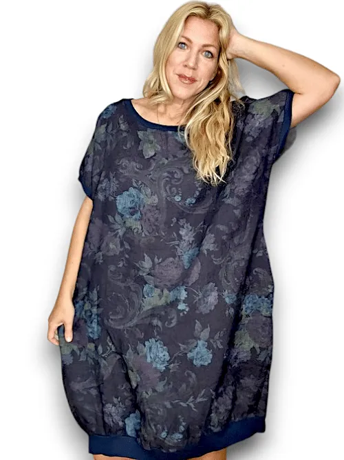 HELGA MAY Italian Linen Elastic Hem 'Twirl' Dress ~ Navy