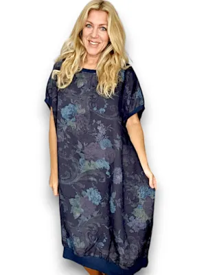 HELGA MAY Italian Linen Elastic Hem 'Twirl' Dress ~ Navy