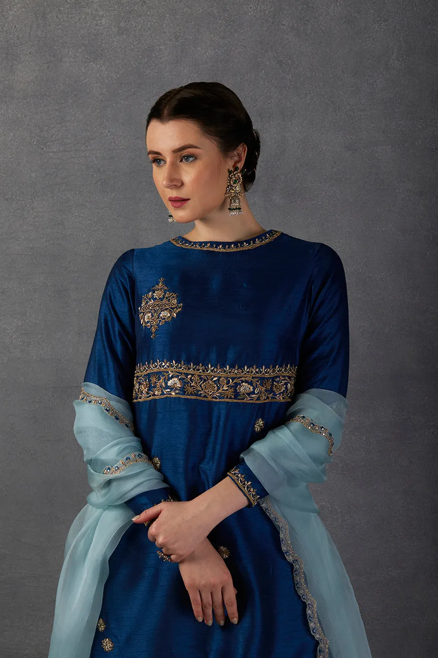 Indigo V. Dupion Embroidered Kurta Set
