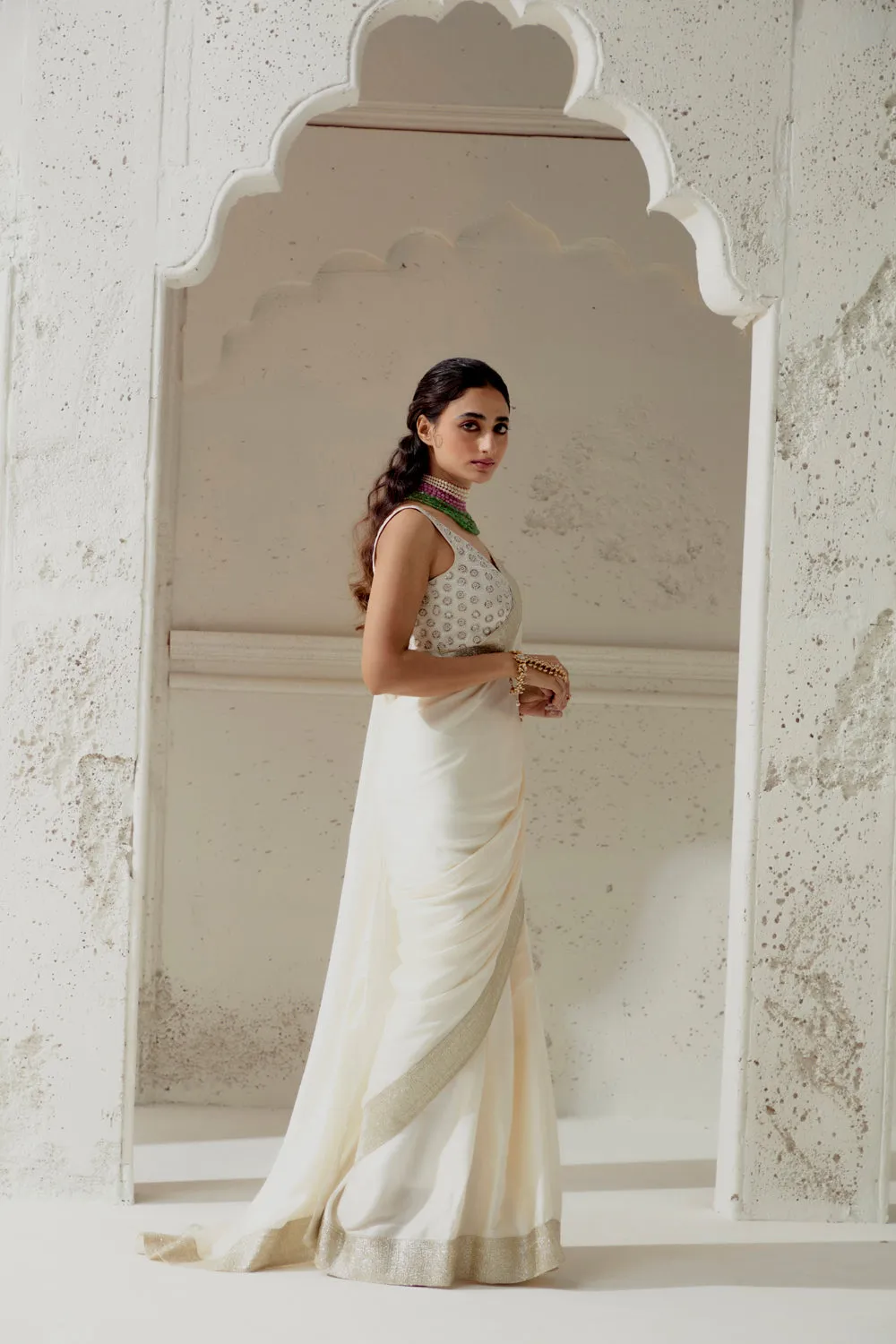 Ivory Silk Satin Saree