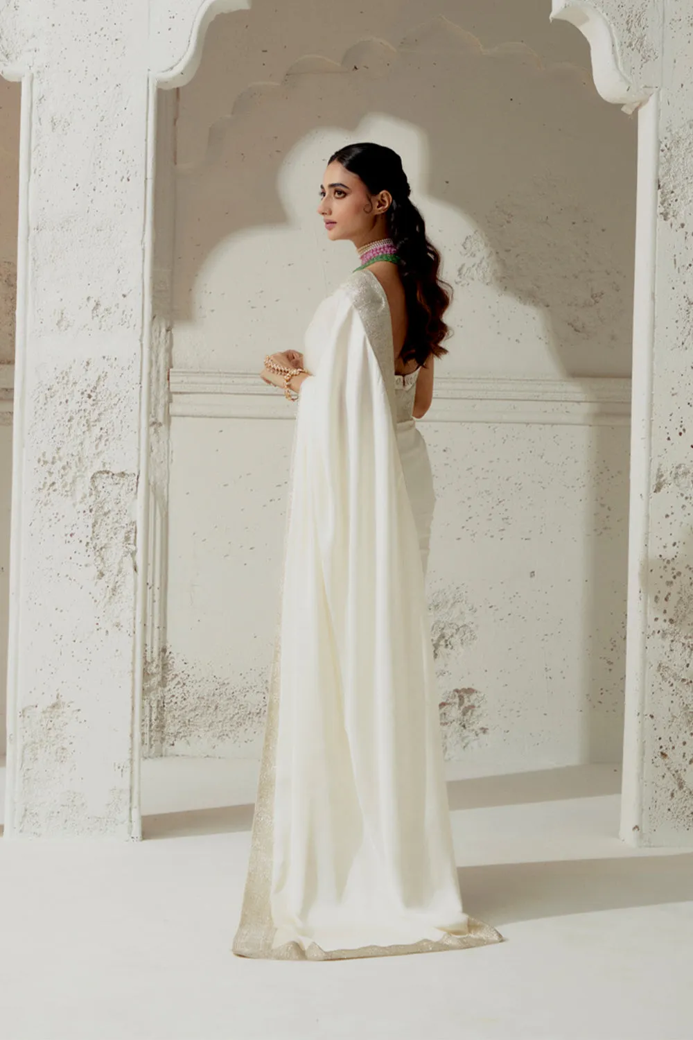 Ivory Silk Satin Saree