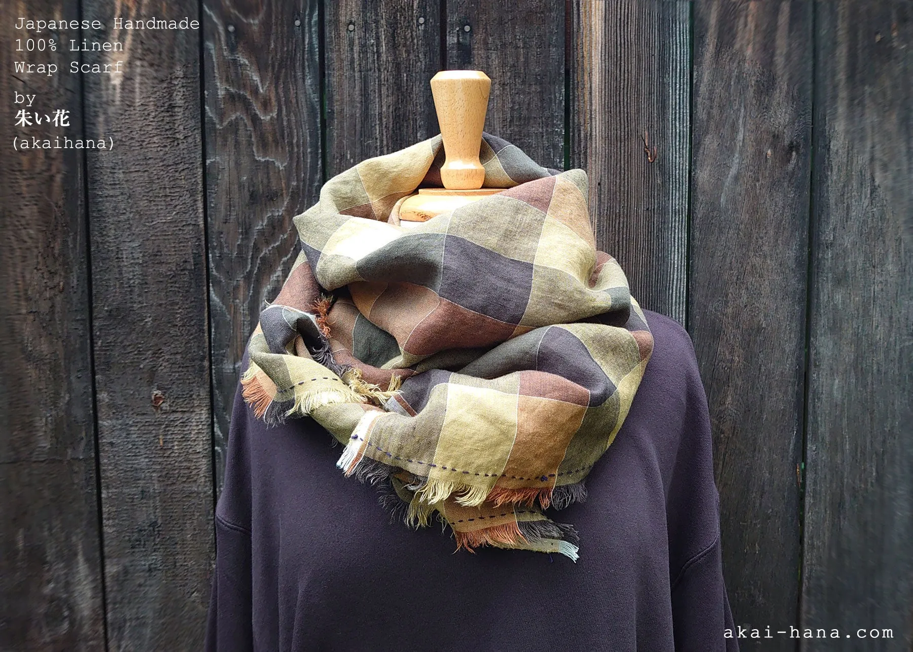 Japanese Handmade Linen Wrap Scarf, Shades of Autumn, 100% Linen