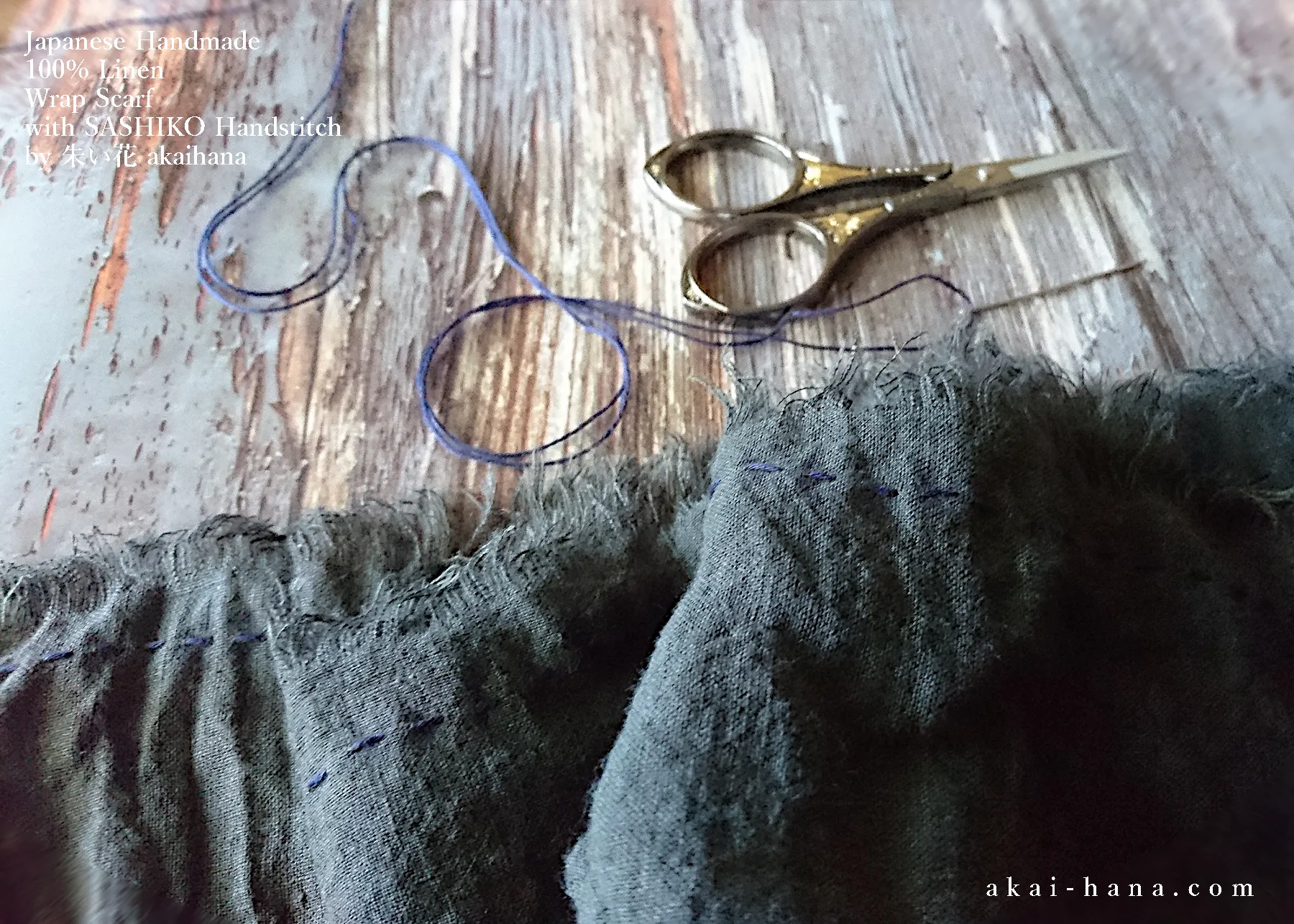 Japanese Linen Wrap with SASHIKO Stitch, Dark Gray