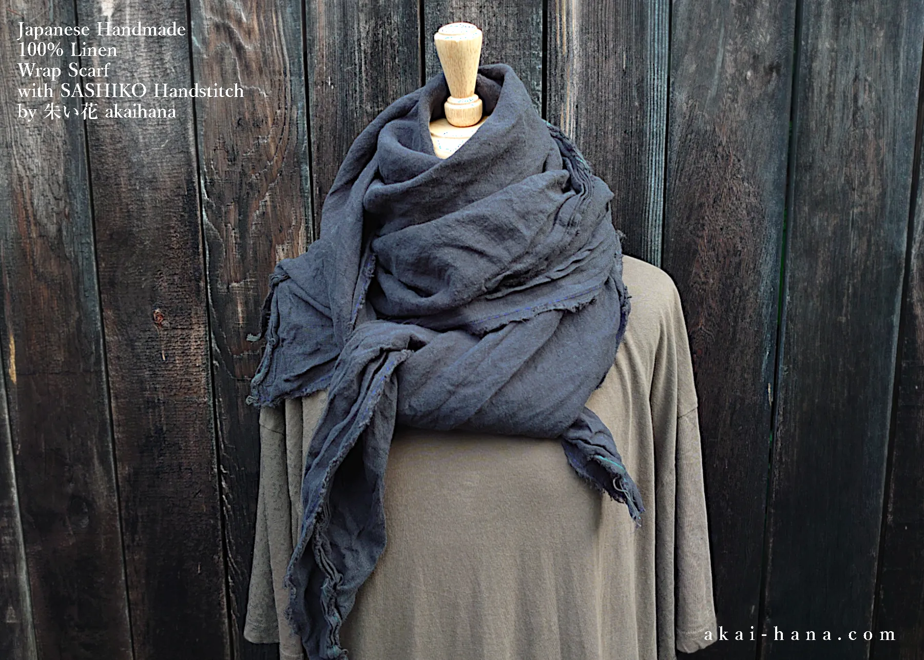 Japanese Linen Wrap with SASHIKO Stitch, Dark Gray