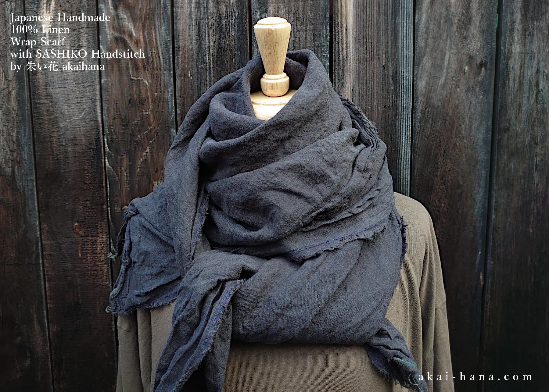 Japanese Linen Wrap with SASHIKO Stitch, Dark Gray