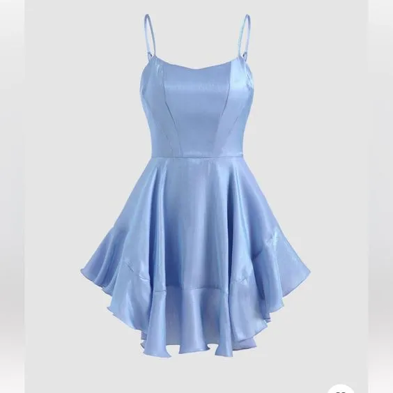 JazzHer Unique A line Straps Blue Silk Satin Homecoming Dresses st Birthday Outfits (PRE-ORDER)