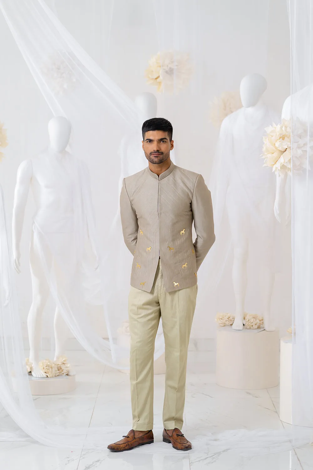 Khaki Horse Embroidered Jodhpuri Set