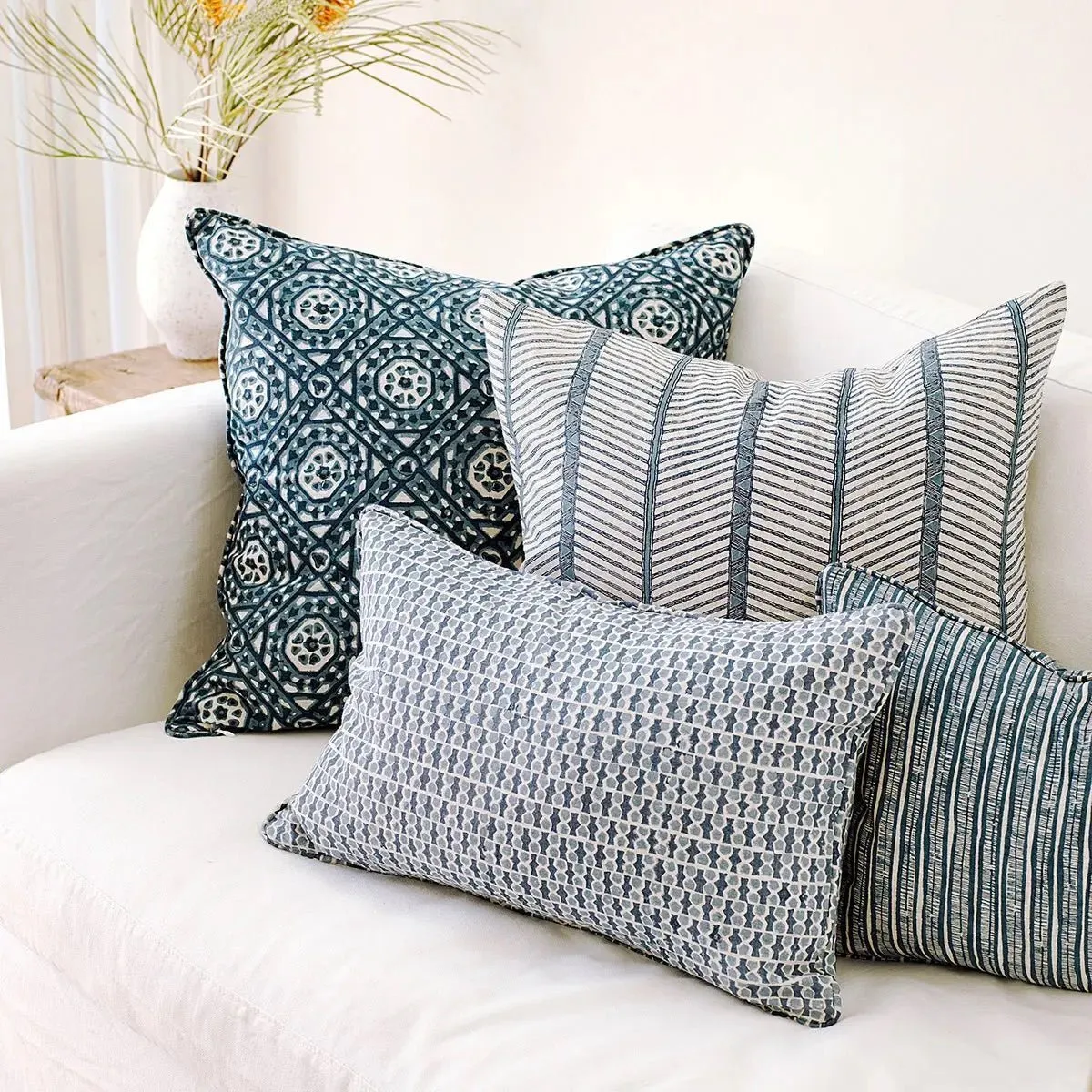 Laharia Azure Linen Block Print Pillow