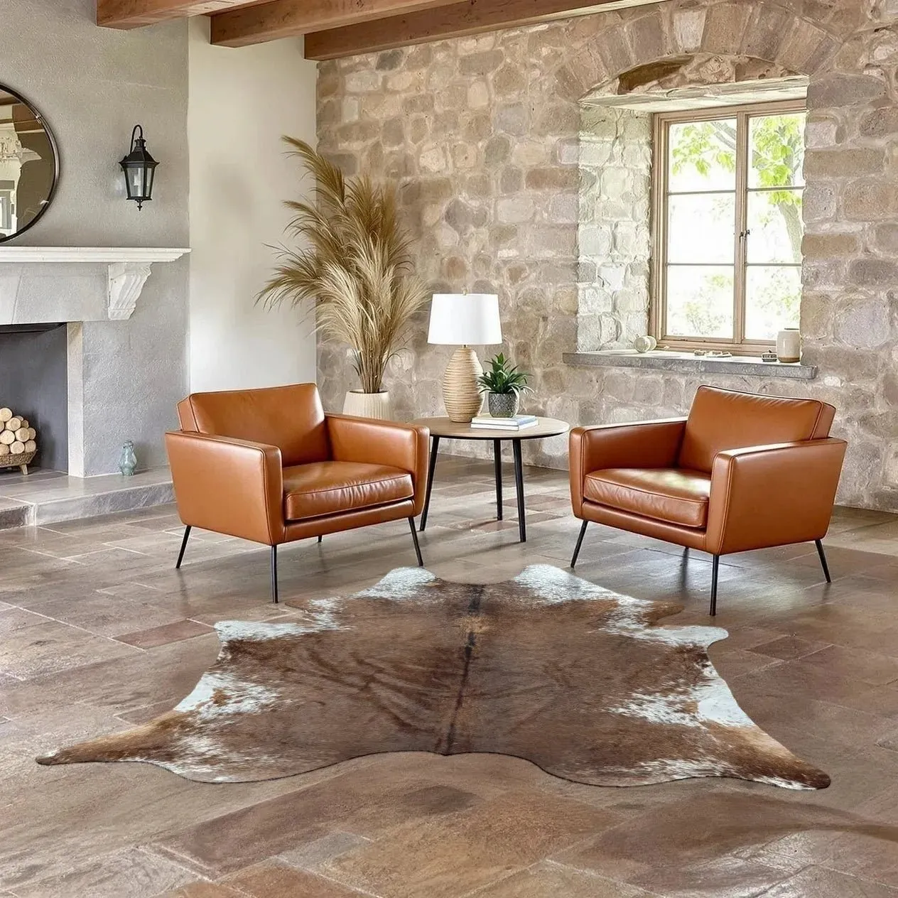 Large Brown Cowhide Rug Size 6.4 x 7.2 ft---5059