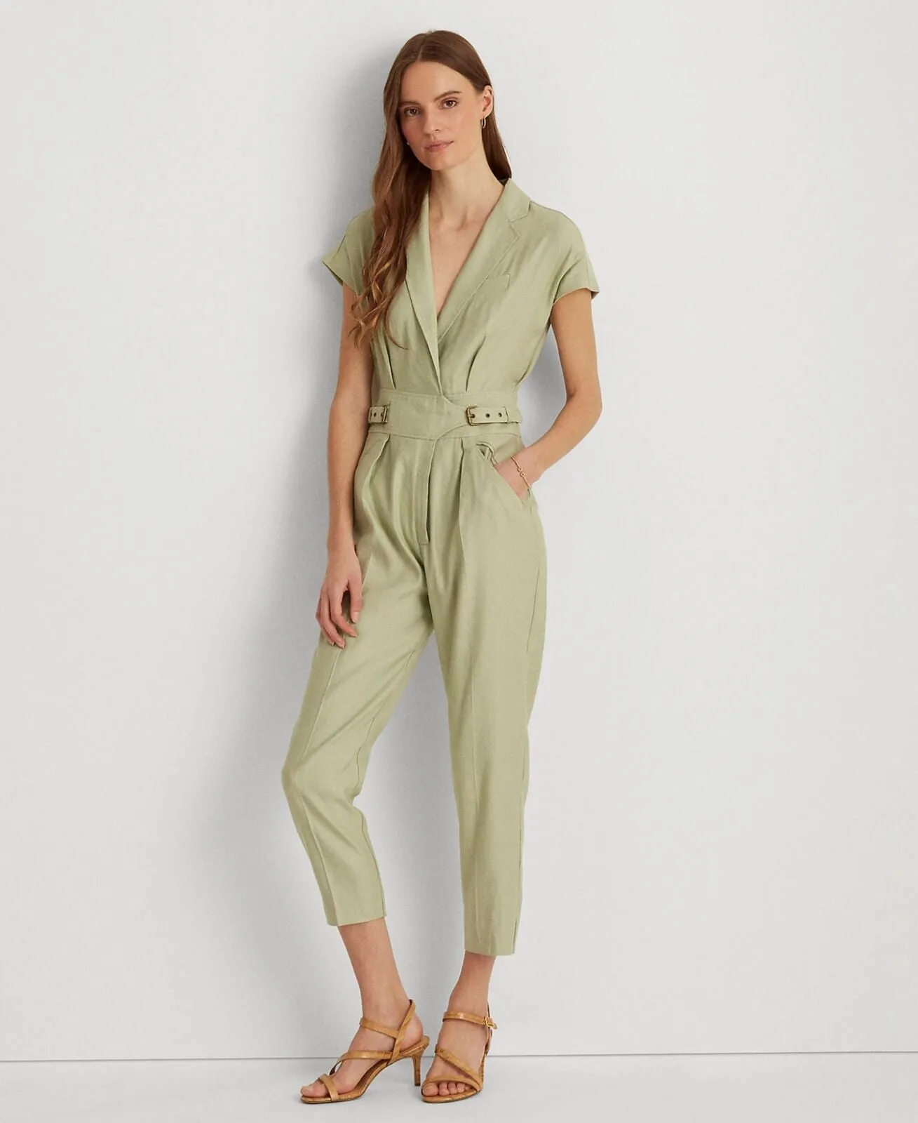 Lauren Ralph Lauren Womens Linen-Blend Jumpsuit 200861718001 Ranch Sage Green 18