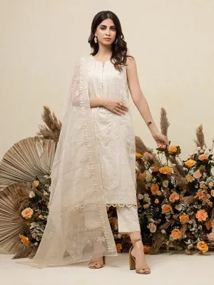 Light Beige Embroidered Raw Silk 3 Piece