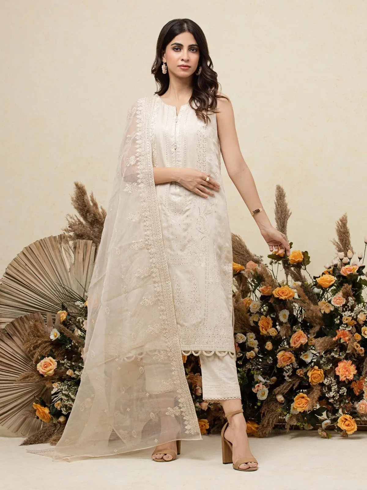 Light Beige Embroidered Raw Silk 3 Piece