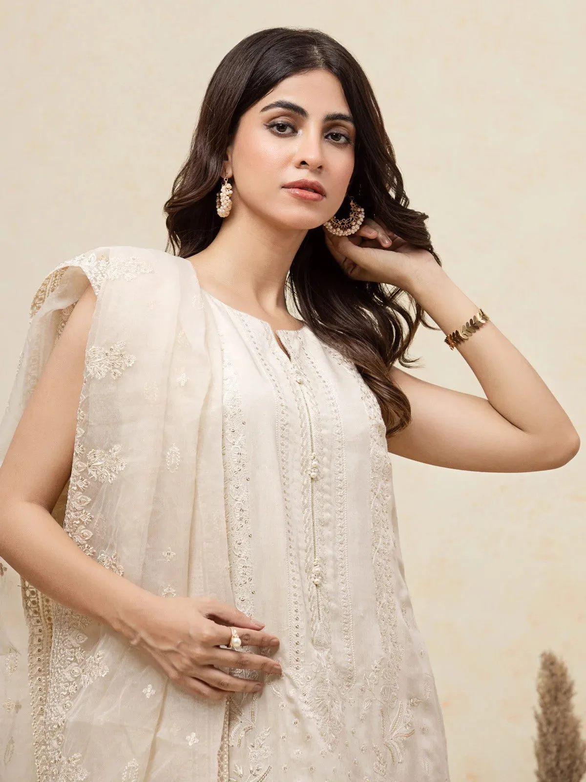 Light Beige Embroidered Raw Silk 3 Piece