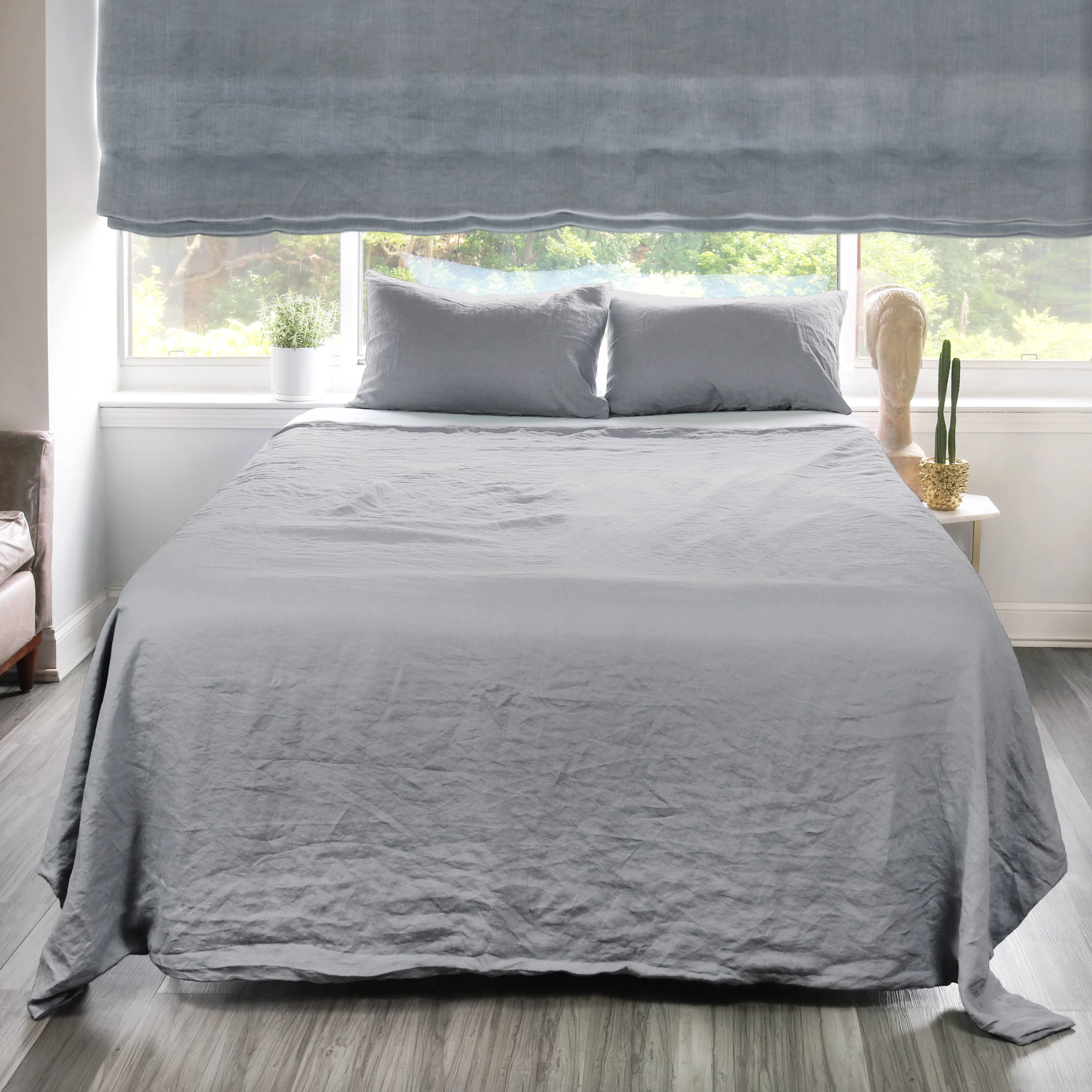 Light Gray Stonewashed Linen Roman Shade 100% Organic Natural French Linen/CL1058