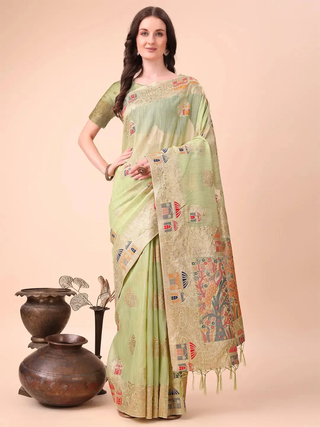 Light Green Linen Cotton Saree
