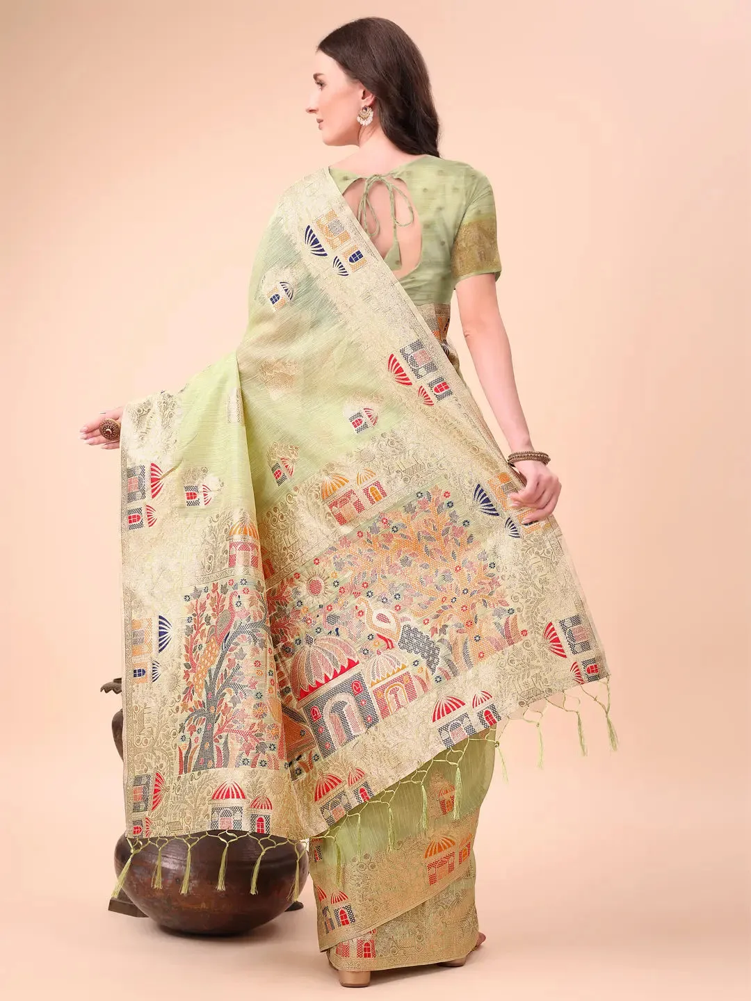 Light Green Linen Cotton Saree