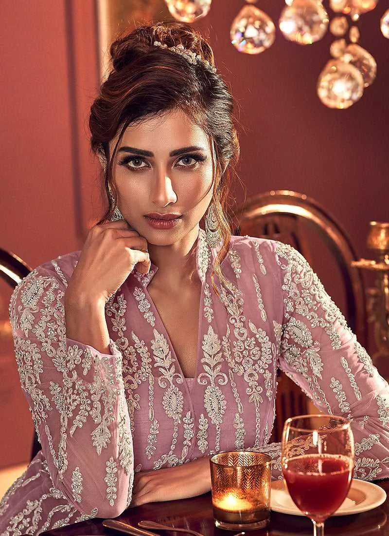 Light Purple Heavy Embroidered High Slit Palazzo Style Suit