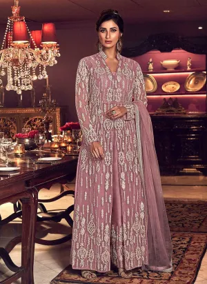 Light Purple Heavy Embroidered High Slit Palazzo Style Suit